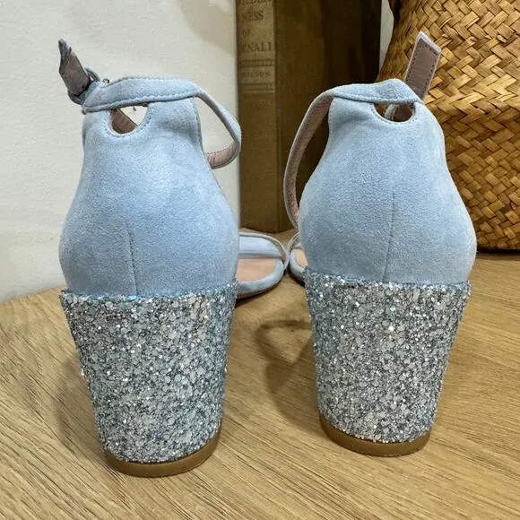STUART WEITZMAN Nudist Block Sandals SZ 9 Light Blue Suede Glitter Heels