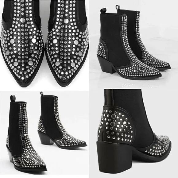 Studded Ankle Boots Block Chunky Heels Chelsea Shoes Slip On SIZE 6,5 NEW IN BOX