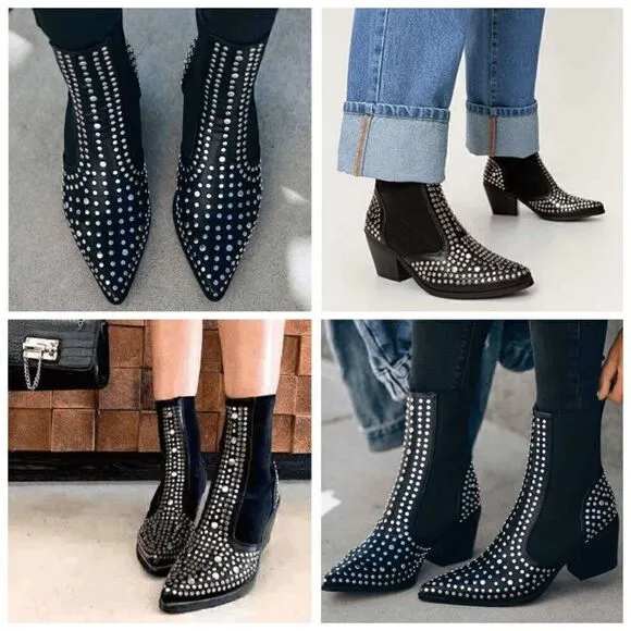 Studded Ankle Boots Block Chunky Heels Chelsea Shoes Slip On SIZE 6,5 NEW IN BOX