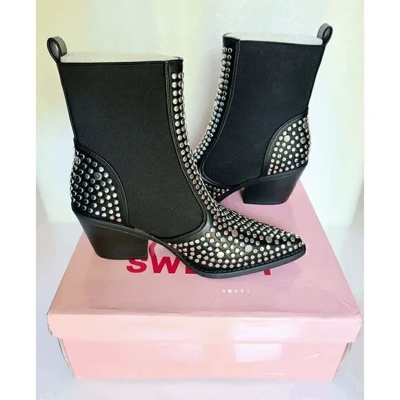 Studded Ankle Boots Block Chunky Heels Chelsea Shoes Slip On SIZE 6,5 NEW IN BOX