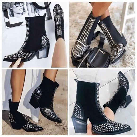 Studded Ankle Boots Block Chunky Heels Chelsea Shoes Slip On SIZE 6,5 NEW IN BOX