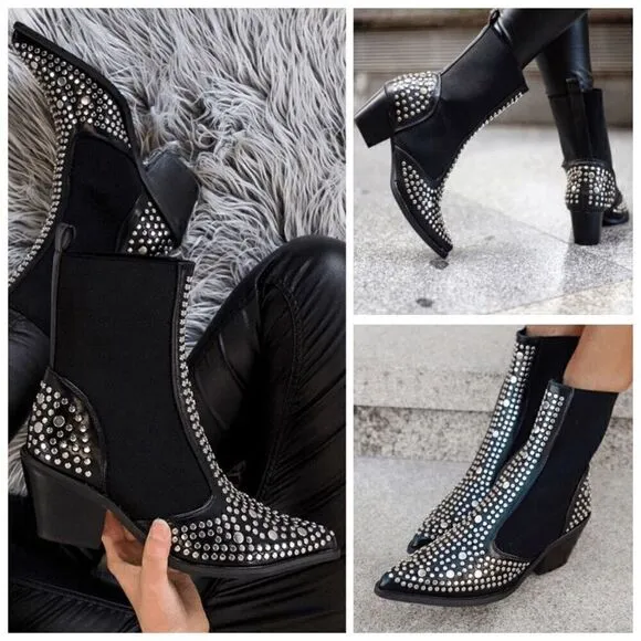 Studded Ankle Boots Block Chunky Heels Chelsea Shoes Slip On SIZE 6,5 NEW IN BOX