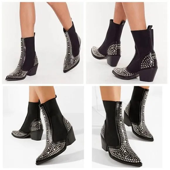 Studded Ankle Boots Block Chunky Heels Chelsea Shoes Slip On SIZE 6,5 NEW IN BOX