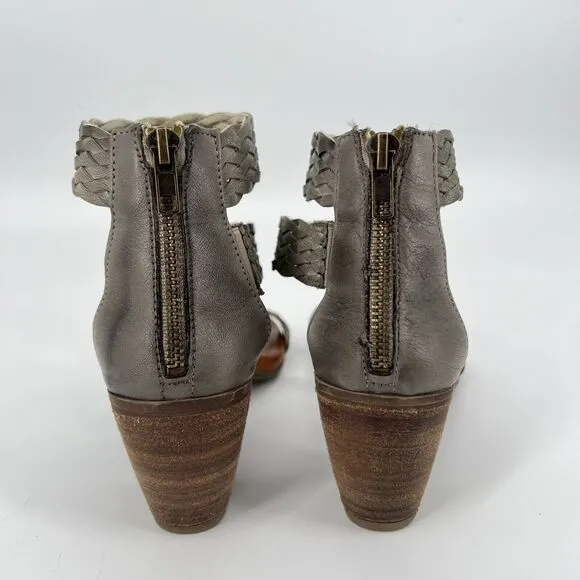 Sundance Leather Woven Back Zip Chunky Heel Sandals Tan 37 EU 7 US Summer Boho