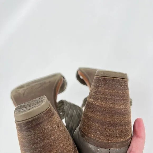 Sundance Leather Woven Back Zip Chunky Heel Sandals Tan 37 EU 7 US Summer Boho