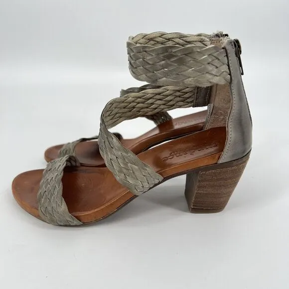 Sundance Leather Woven Back Zip Chunky Heel Sandals Tan 37 EU 7 US Summer Boho