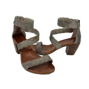 Sundance Leather Woven Back Zip Chunky Heel Sandals Tan 37 EU 7 US Summer Boho