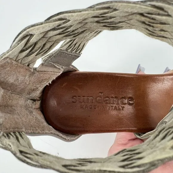 Sundance Leather Woven Back Zip Chunky Heel Sandals Tan 37 EU 7 US Summer Boho