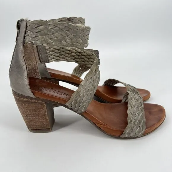 Sundance Leather Woven Back Zip Chunky Heel Sandals Tan 37 EU 7 US Summer Boho