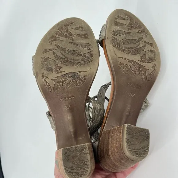 Sundance Leather Woven Back Zip Chunky Heel Sandals Tan 37 EU 7 US Summer Boho