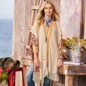 Sundance Poncho Women's Idol Mind Boho Southwestern Gold Cream S-M New Fringe