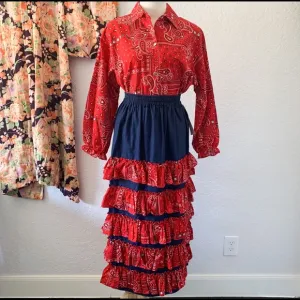 SUPER COOL RETRO Ruffled Bandana MAXI Skirt  Sz S/M  NWTs Boho Festivals Western