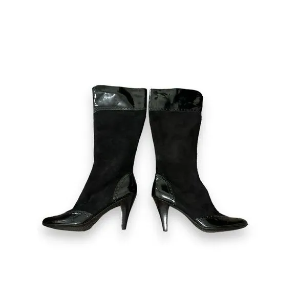 TAHARI vintage Oxford style Maxie leather upper knee boots sz 8.5 sleek edgy smo