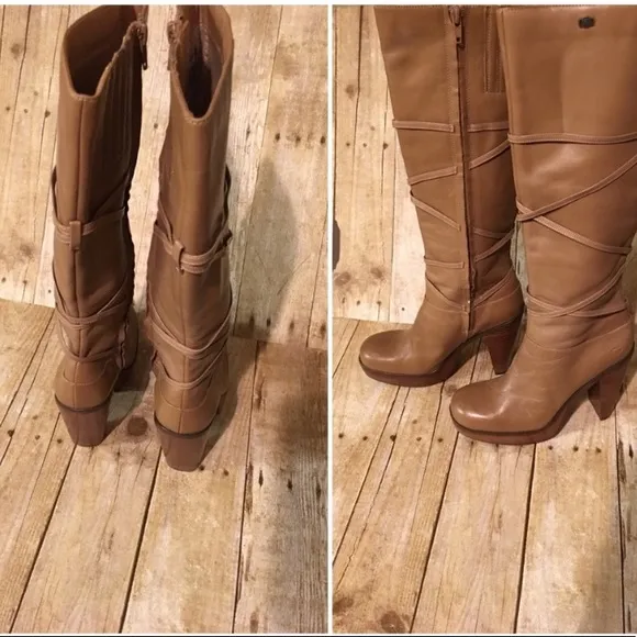 Tan Leather OTK Platform Stacked Strappy Boots