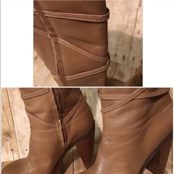 Tan Leather OTK Platform Stacked Strappy Boots