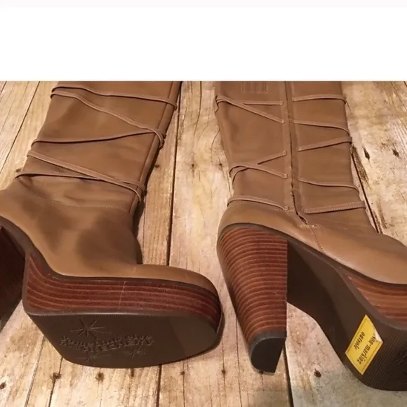 Tan Leather OTK Platform Stacked Strappy Boots