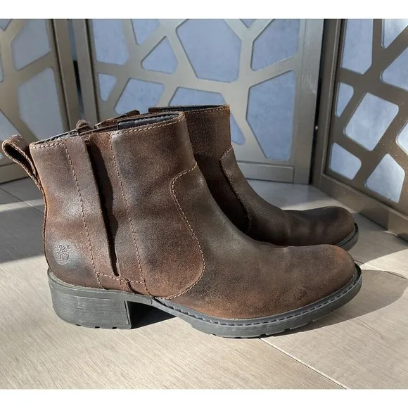 Timberland 61604 Leather Ankle Chelsea Boots Women 9 M Brown Low Heel