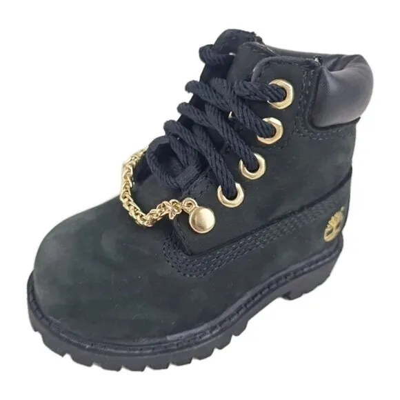 Timberland 6In Premium TODDLER Boots Outdoors Black Gold Leather Size 4