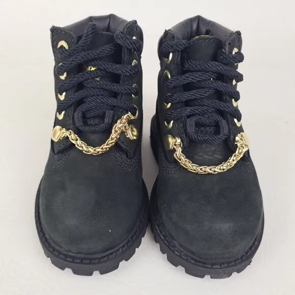 Timberland 6In Premium TODDLER Boots Outdoors Black Gold Leather Size 4