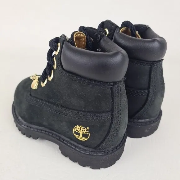 Timberland 6In Premium TODDLER Boots Outdoors Black Gold Leather Size 4