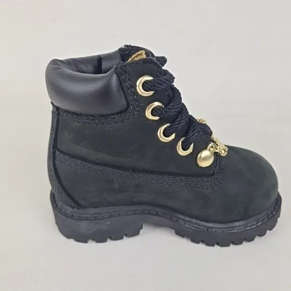 Timberland 6In Premium TODDLER Boots Outdoors Black Gold Leather Size 4