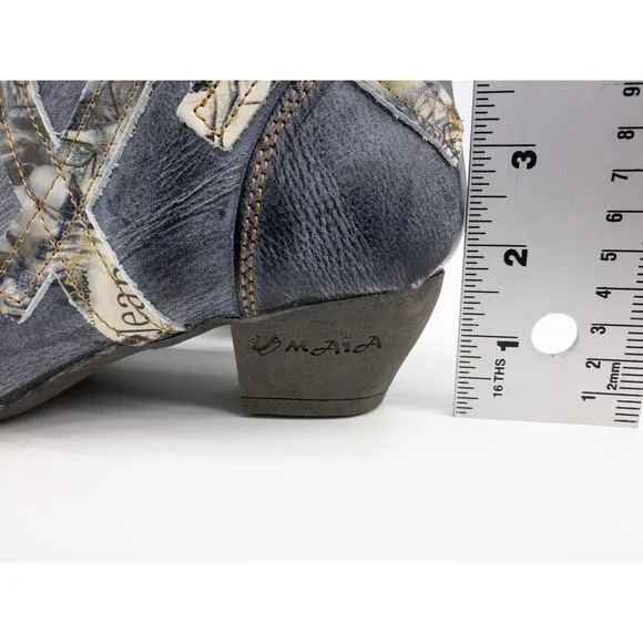 TMA EYES Distressed Boho Newsprint Layered Leather Heeled Ankle Boots 7 Women's
