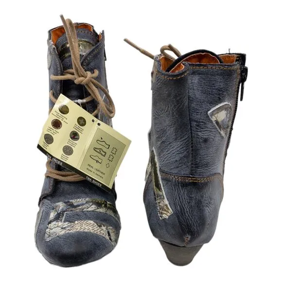 TMA EYES Distressed Boho Newsprint Layered Leather Heeled Ankle Boots 7 Women's