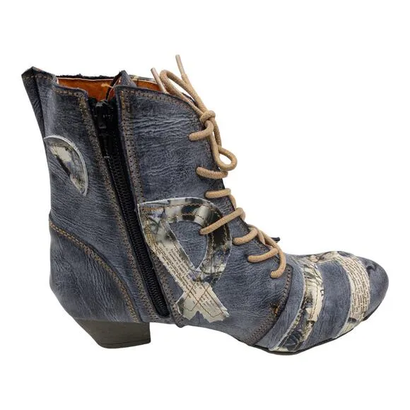 TMA EYES Distressed Boho Newsprint Layered Leather Heeled Ankle Boots 7 Women's