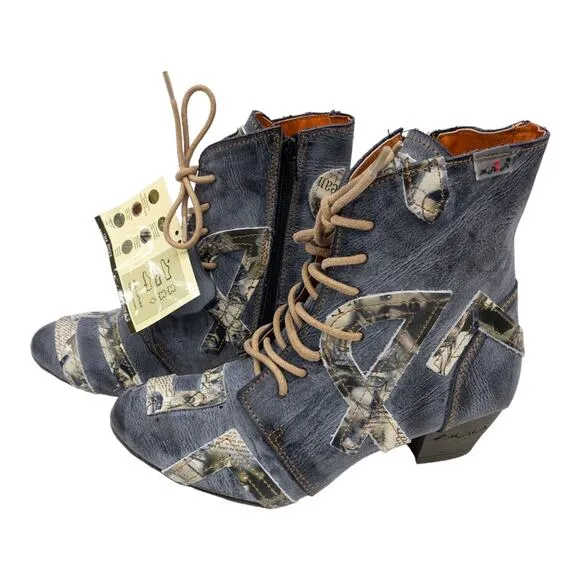 TMA EYES Distressed Boho Newsprint Layered Leather Heeled Ankle Boots 7 Women's