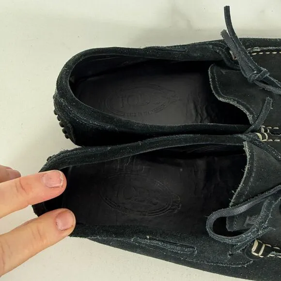 TOD'S Gommino Casual Shoes Men's 8 Black Suede Bow Round Toe Slip-On Moccasins