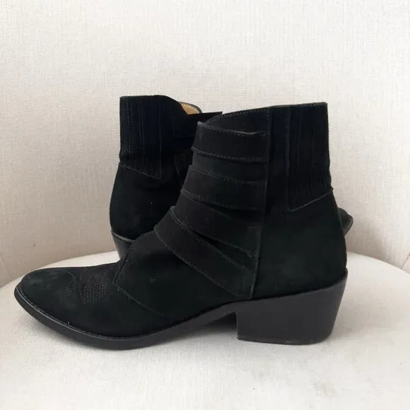 Toga Pulla Boots Womens 37 7 Buckle Belted Cowboy Ankle Black Suede Boho Western