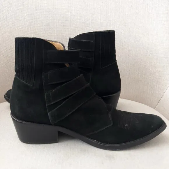 Toga Pulla Boots Womens 37 7 Buckle Belted Cowboy Ankle Black Suede Boho Western