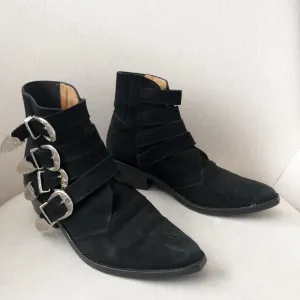 Toga Pulla Boots Womens 37 7 Buckle Belted Cowboy Ankle Black Suede Boho Western