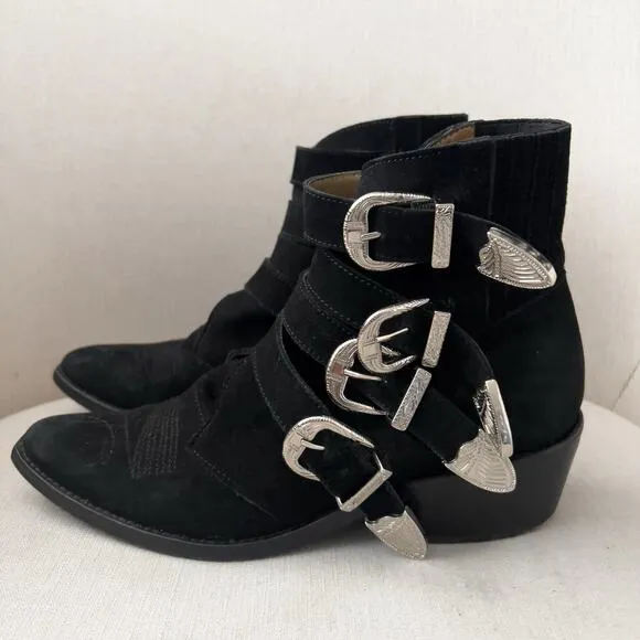 Toga Pulla Boots Womens 37 7 Buckle Belted Cowboy Ankle Black Suede Boho Western