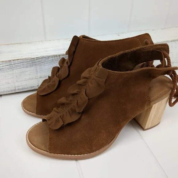 Tom's Suede Slingback Open Toe Block Wood Heel Sandals Boho Size 8 Women's NEW