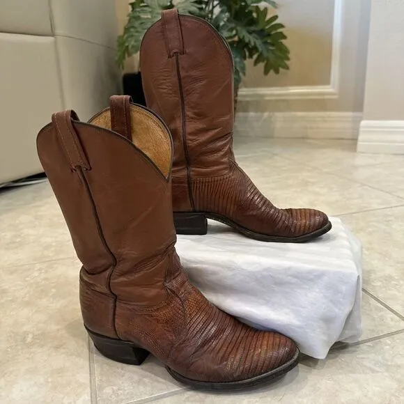 Tony‎ Lama Brown Cowboy Boots Mens Size 8 D Brown Vintage Lizard Skin