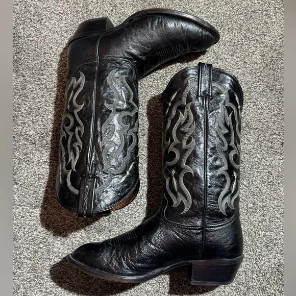 Tony Lama Cowboy Boots Men’s Size 10 EE Black Smooth Ostrich CT871 Western USA