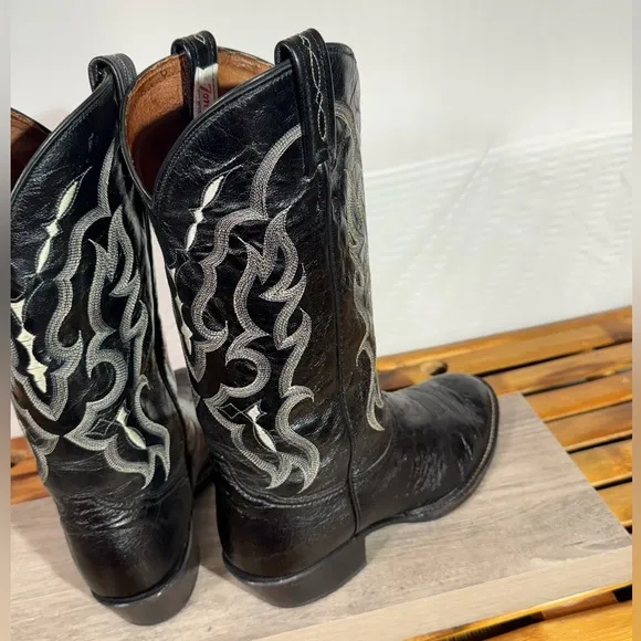 Tony Lama Cowboy Boots Men’s Size 10 EE Black Smooth Ostrich CT871 Western USA