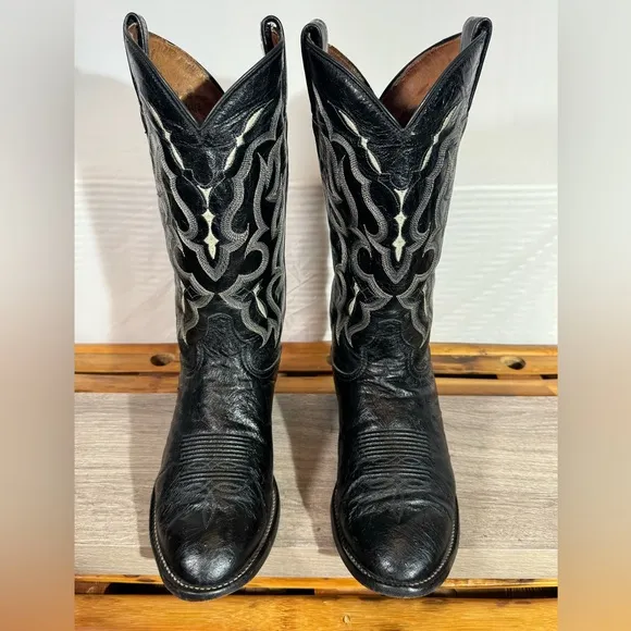 Tony Lama Cowboy Boots Men’s Size 10 EE Black Smooth Ostrich CT871 Western USA