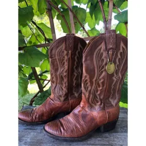 Tony Lama Lizard Skin Leather Cowboy Boots Men's Brown Leather 9 E Made in USA