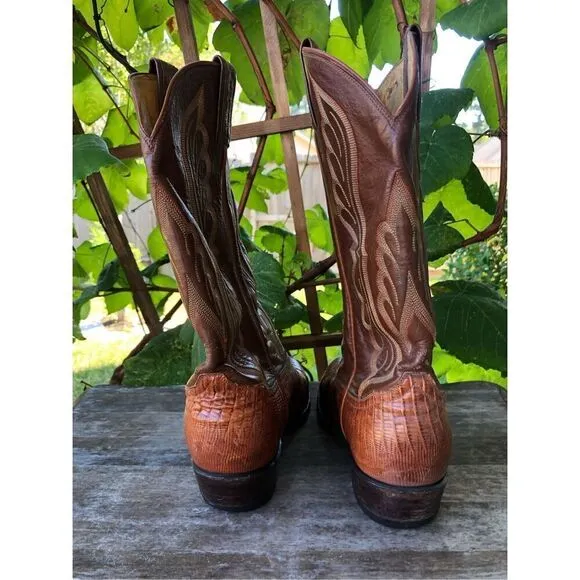 Tony Lama Lizard Skin Leather Cowboy Boots Men's Brown Leather 9 E Made in USA