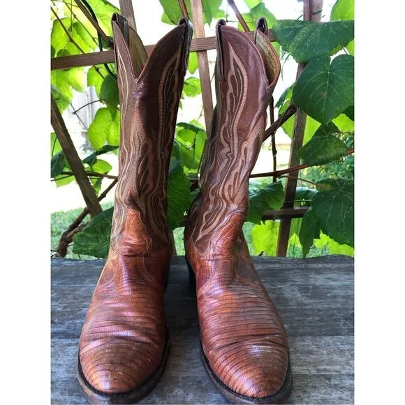 Tony Lama Lizard Skin Leather Cowboy Boots Men's Brown Leather 9 E Made in USA