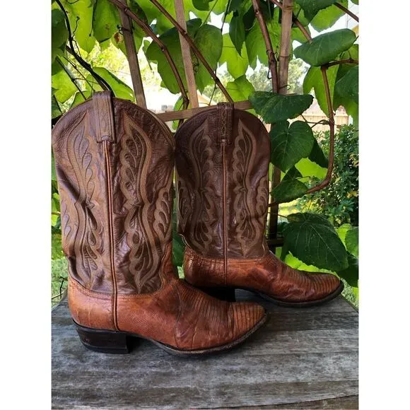 Tony Lama Lizard Skin Leather Cowboy Boots Men's Brown Leather 9 E Made in USA