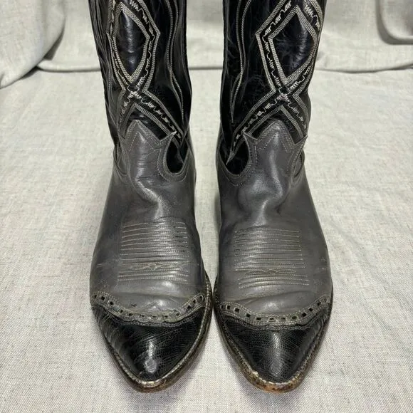 Tony Lama Vintage Cowboy Boots Grey Black Leather Western Top Stitching Size 9