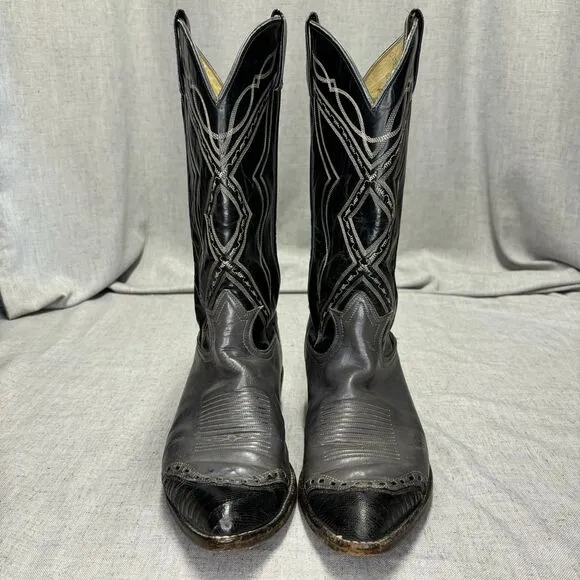 Tony Lama Vintage Cowboy Boots Grey Black Leather Western Top Stitching Size 9