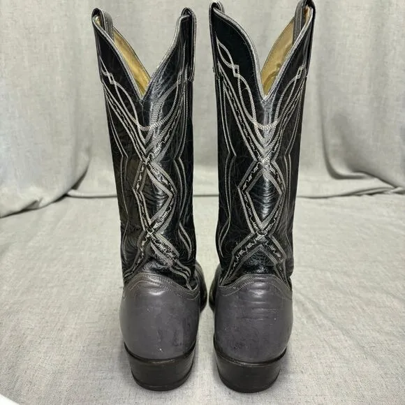 Tony Lama Vintage Cowboy Boots Grey Black Leather Western Top Stitching Size 9