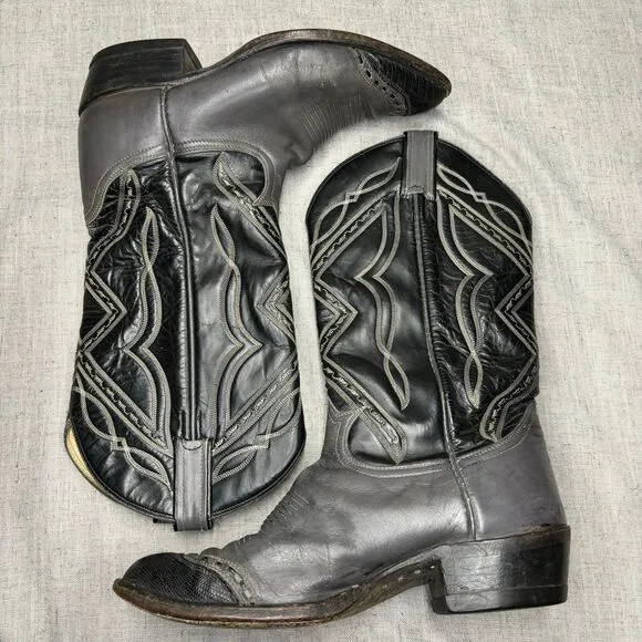 Tony Lama Vintage Cowboy Boots Grey Black Leather Western Top Stitching Size 9