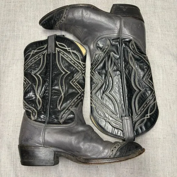 Tony Lama Vintage Cowboy Boots Grey Black Leather Western Top Stitching Size 9