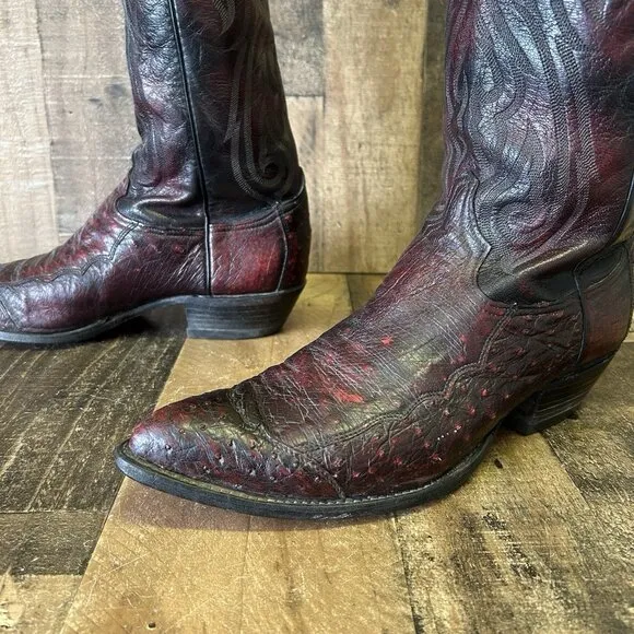 Tony Lama Vintage Ostrich Wingtip Black Cherry Cowboy Boots Mens 12 D