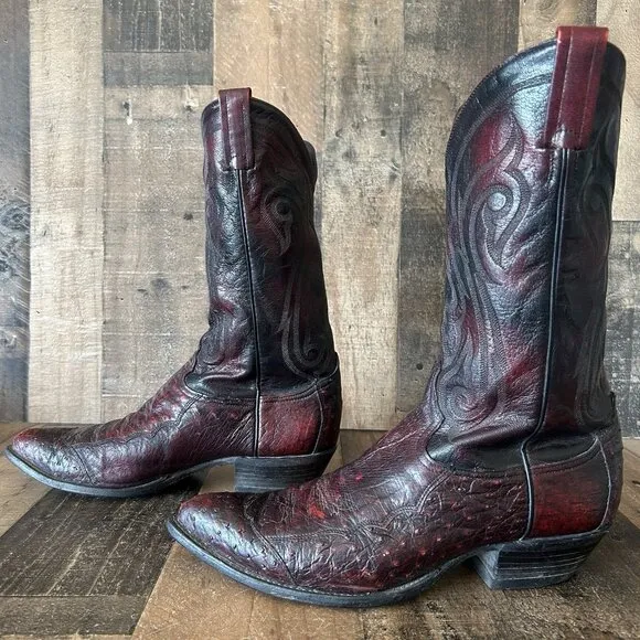 Tony Lama Vintage Ostrich Wingtip Black Cherry Cowboy Boots Mens 12 D